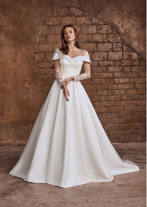 Long Sleeves Ivory Lace Satin Wedding Dress